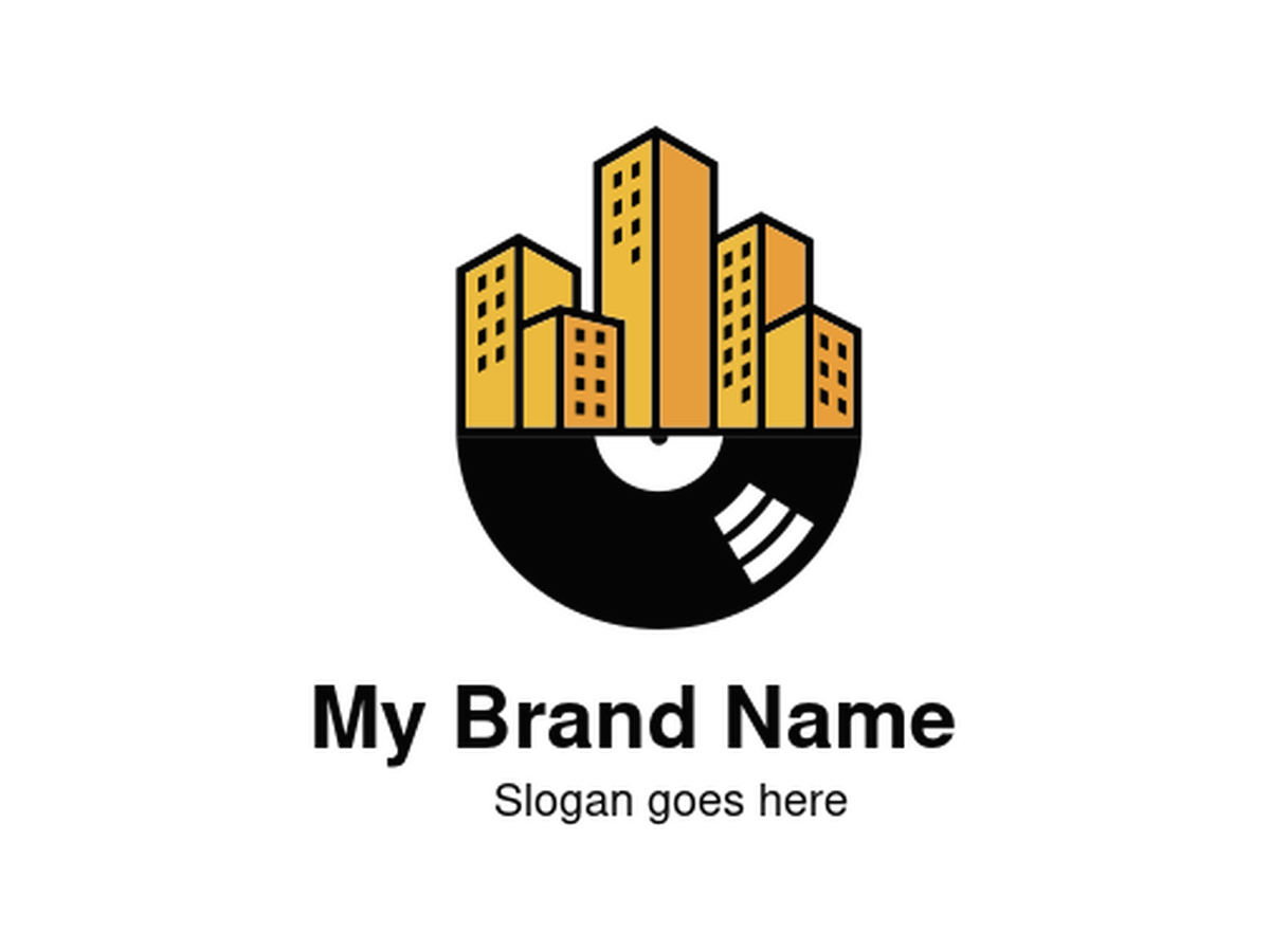 Urban Music Vinyl Logo with City Skyline – Perfect for Music Studios, DJs, Nightlife Brands, and Entertainment Startups